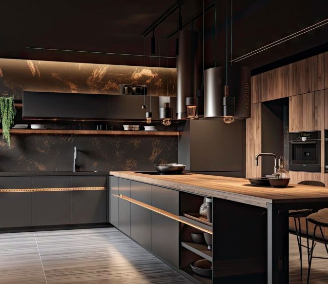 cocina-casa-nueva-lujo-isla-cascada-cuarzo-pisos-madera-gabinetes-madera-oscura-electrodomesticos-acero-inoxidable-ai-generativo